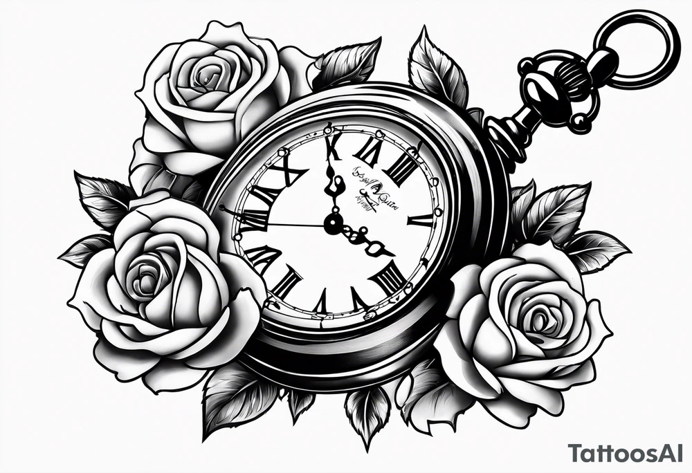 Pocket watch with chain and roses tattoo idea