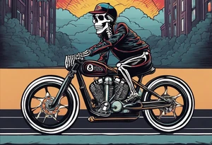skeleton wearing 80s style licra and cap rides a road racing bicycle. The skeleton is grinning at the viewer. There is no background image tattoo idea
