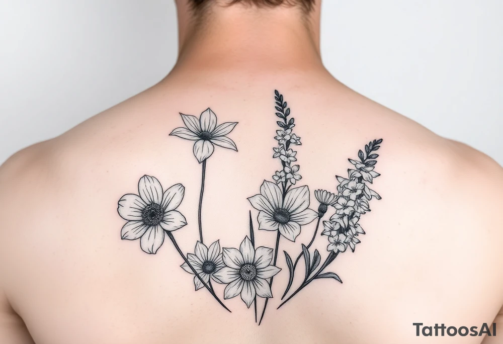 Narcissus, marigold, daisy, larkspur and gladiolus tattoo idea