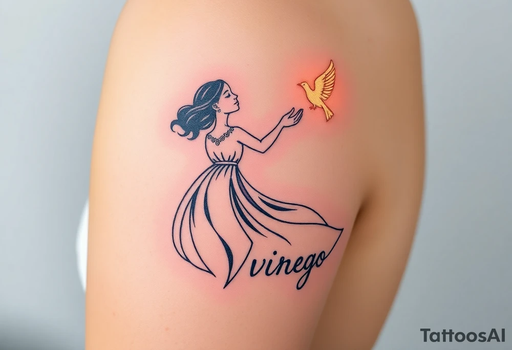 A young woman in a white flowing dress, releasing a glowing dove into the night sky and the word virgo tattoo idea