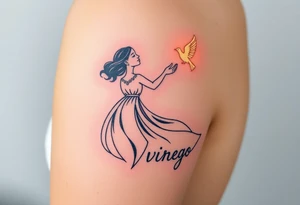 A young woman in a white flowing dress, releasing a glowing dove into the night sky and the word virgo tattoo idea