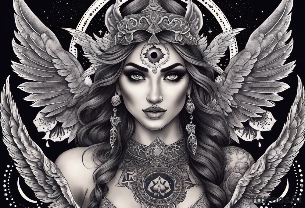 black kali, goddess pirate, alien, angel, pachamama, valkrye, warrior, flying, skull, lotus azul, wing, eagle, zenza resonance, stars, 5D, anahata chakra, death, durga, riding on a tiger, flying lady, chest tatoo tattoo idea