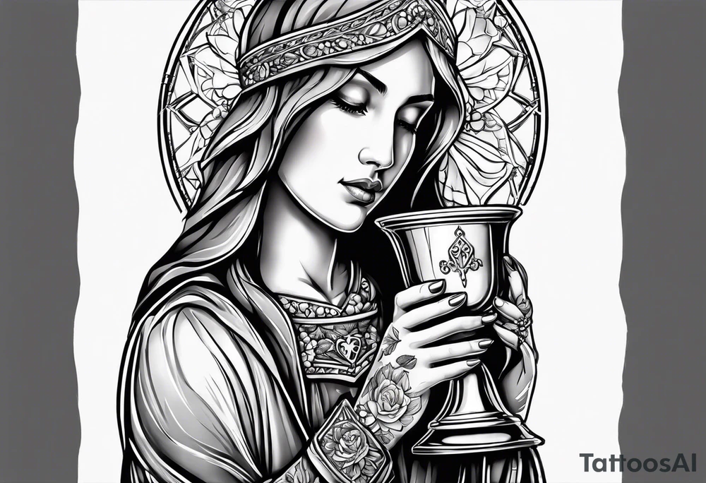 holy saint woman turned away
 holding a chalice tattoo idea