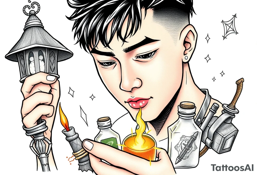 Handsome Asian young adult guy is  accidentally stumbled upon witch tools, supplies, artifacts, potions and exploring it curiously tattoo idea