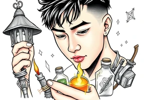 Handsome Asian young adult guy is  accidentally stumbled upon witch tools, supplies, artifacts, potions and exploring it curiously tattoo idea