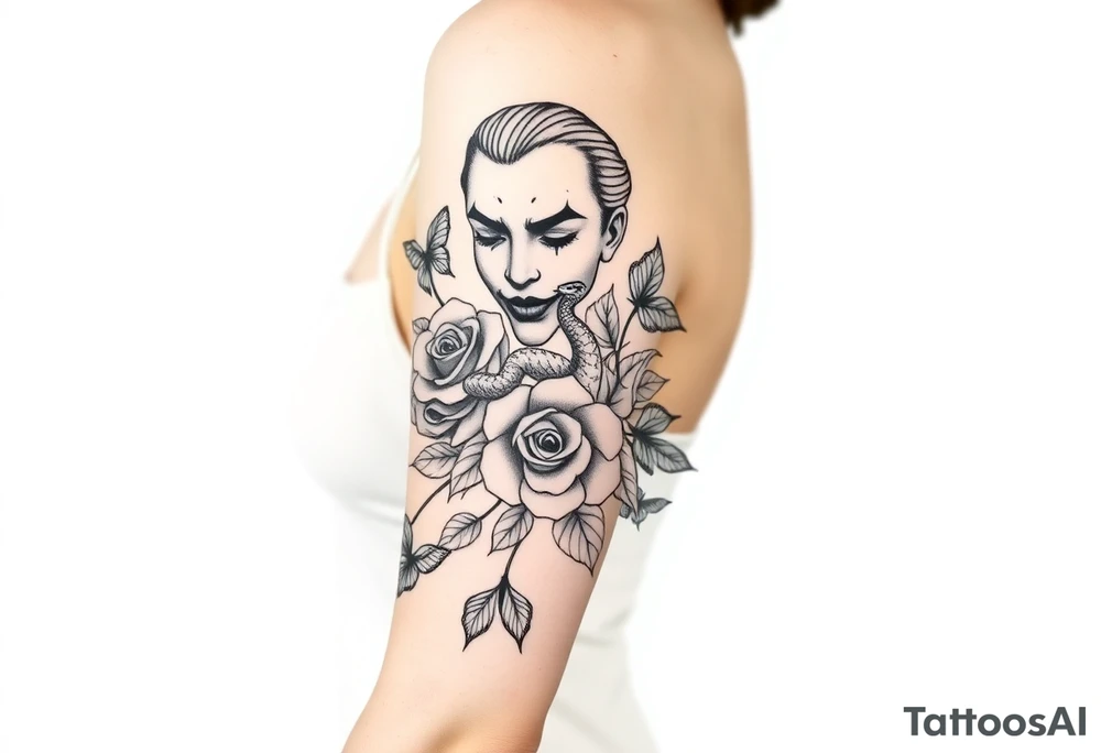 Joker tattoo with roses and a snake through the roses and money butterfly’s with filler ink full arm tattoo idea