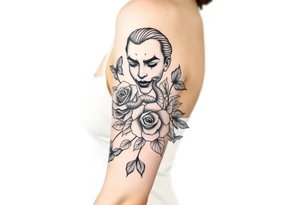 Joker tattoo with roses and a snake through the roses and money butterfly’s with filler ink full arm tattoo idea