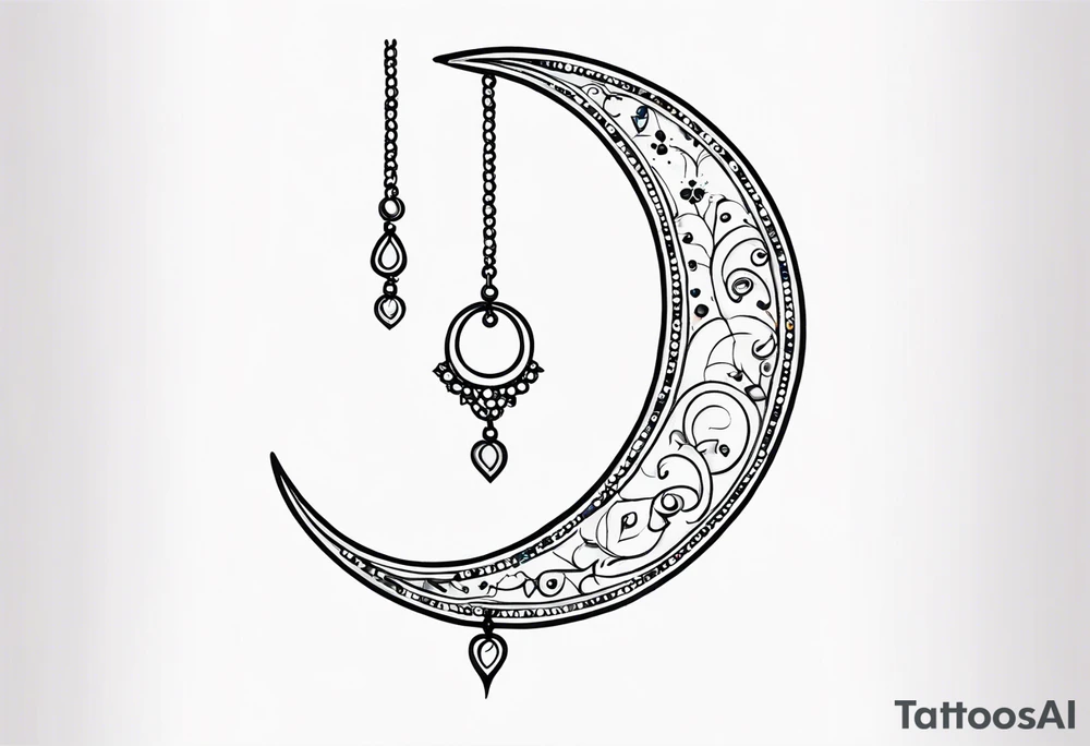 Crescent moon with heart shaped jewels dangling from it tattoo idea Crescent moon with heart shaped jewels dangling from it tattoo idea