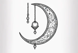 Crescent moon with heart shaped jewels dangling from it tattoo idea