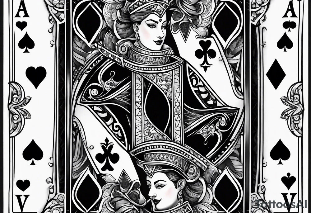one playing card with both queen of hearts and king of spades in extreme minimalistic  style tattoo idea