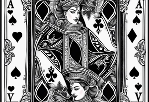 one playing card with both queen of hearts and king of spades in extreme minimalistic  style tattoo idea