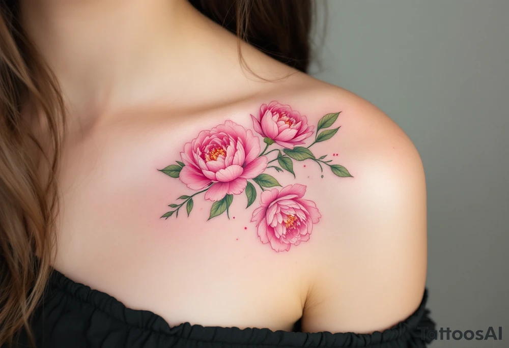 Petra 26. 04. 2021) – Bright pink peonies surrounding Petra's birthdate, with light green accents and soft, curved lines. tattoo idea