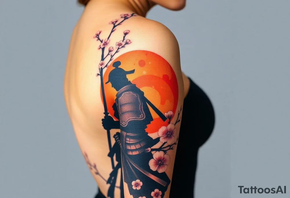 noble samurai warrior silhouette at sunset with cherry blossoms tattoo idea