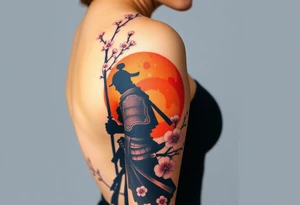 noble samurai warrior silhouette at sunset with cherry blossoms tattoo idea