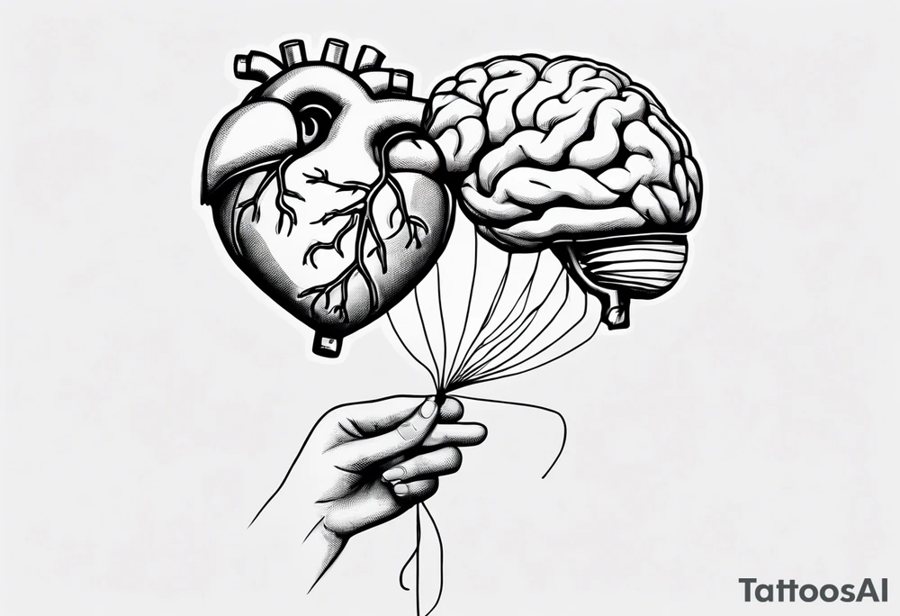 A simple line design anatomical heart and anatomical brain tied with balloon string being held by a woman's hand tattoo idea