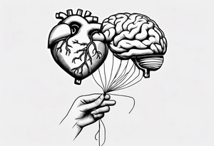 A simple line design anatomical heart and anatomical brain tied with balloon string being held by a woman's hand tattoo idea