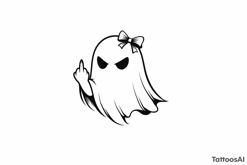 Small ghost silhouette, defiant middle finger, tiny bow detail. tattoo idea