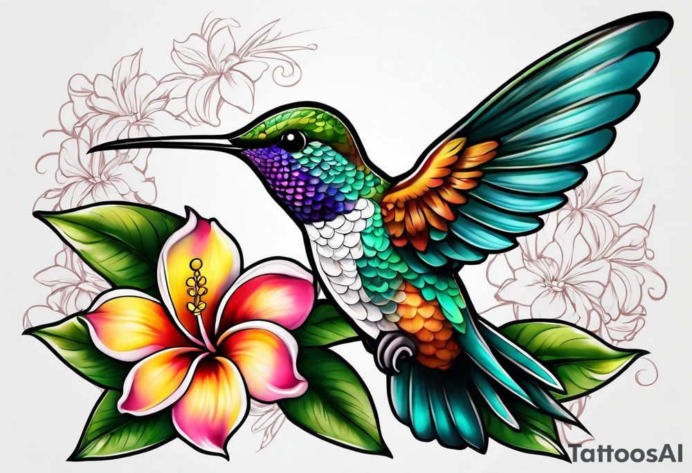 Hummingbird with a plumeria masculine style colorful tattoo idea