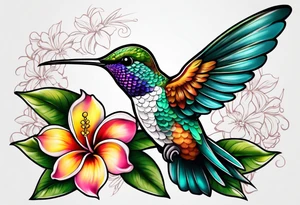 Hummingbird with a plumeria masculine style colorful tattoo idea