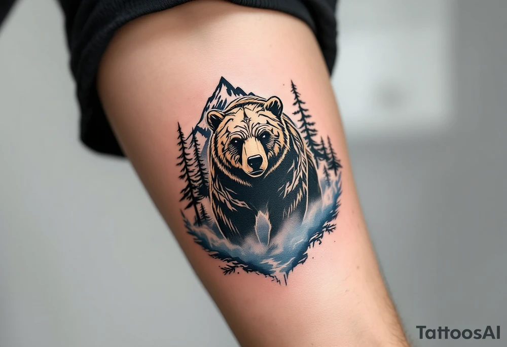 A powerful, majestic bear tattoo with a deep black and brown color palette. The bear is depicted in a standing position, symbolizing strength and protection, with intricate tribal patterns subtly etched along its body, representing its spiritual connection to the earth. TAround the bear, mountain peaks and pine trees form a natural, serene backdrop, while delicate blue mist rises from the ground, tattoo idea