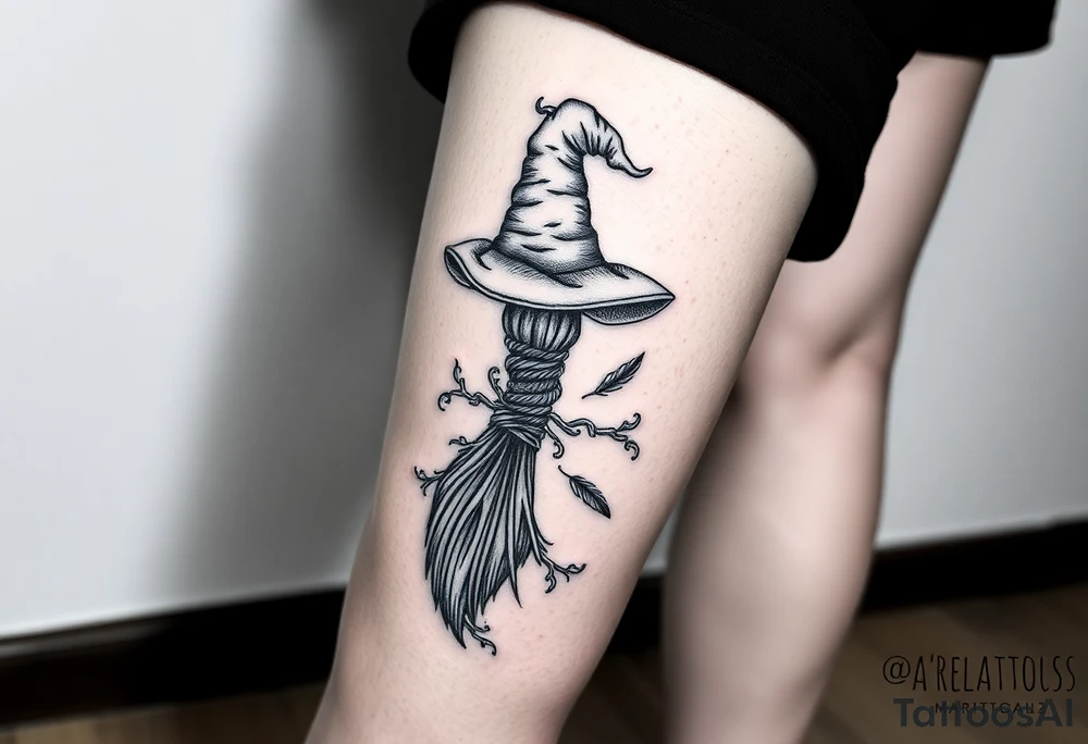 Which is broom with a witches hat with vines and feathers 
Smaller broom with hat placed on top or in the middle
Feminine and on a leg tattoo idea