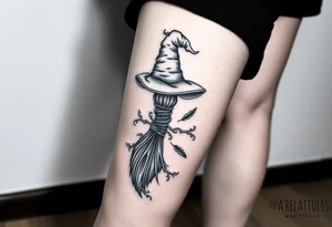 Which is broom with a witches hat with vines and feathers 
Smaller broom with hat placed on top or in the middle
Feminine and on a leg tattoo idea