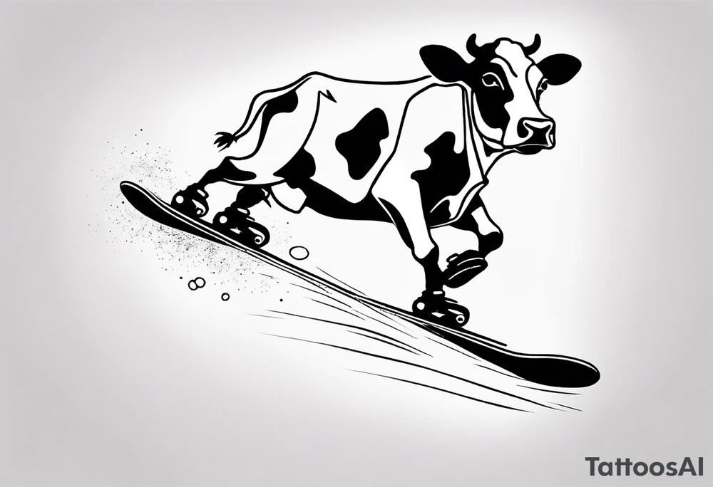 Generate a minimalist and simple black and white tattoo design featuring a joyful cow snowboarding, wearing goggles. Focus on essential lines and details to convey the playful spirit of the scene. The cow should exude confidence while effortlessly snowboarding down a snowy slope. Keep the design clean and uncluttered, suitable for a small to medium-sized tattoo space. Emphasize the charm and whimsy with the addition of goggles, ensuring the overall aesthetic remains simple and minimalistic. The goal is to create a visually appealing and easily recognizable tattoo that captures the essence of a cow enjoying a snowboarding adventure tattoo idea