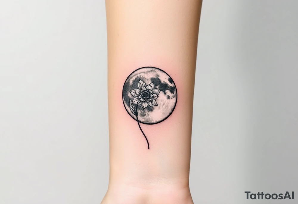 Small black and white tattoo full moon with small chrysanthemum and tiny scorpio gliph inside moon tattoo idea