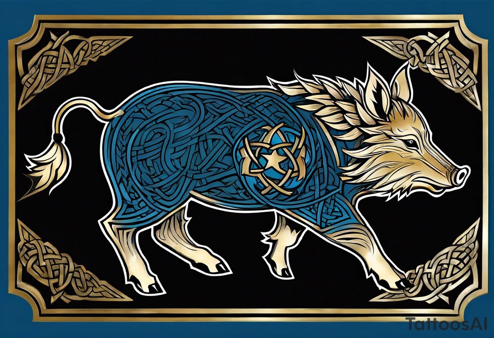 Side profile, Celtic, tribal, wild boar, On a Chatwin family crest with blue background, two gold stars, and a gold Chevron, and a Thistle. With thick black tribal lines. tattoo idea