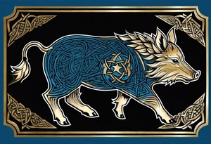 Side profile, Celtic, tribal, wild boar, On a Chatwin family crest with blue background, two gold stars, and a gold Chevron, and a Thistle. With thick black tribal lines. tattoo idea