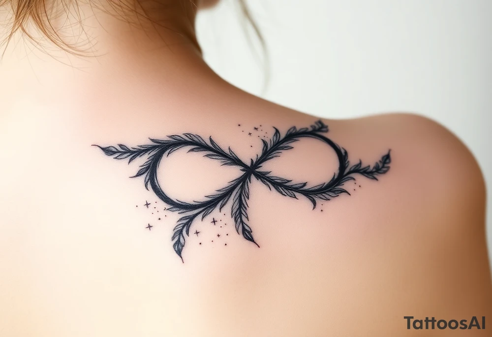 infinity symbol woven with floating feathers and stardust tattoo idea