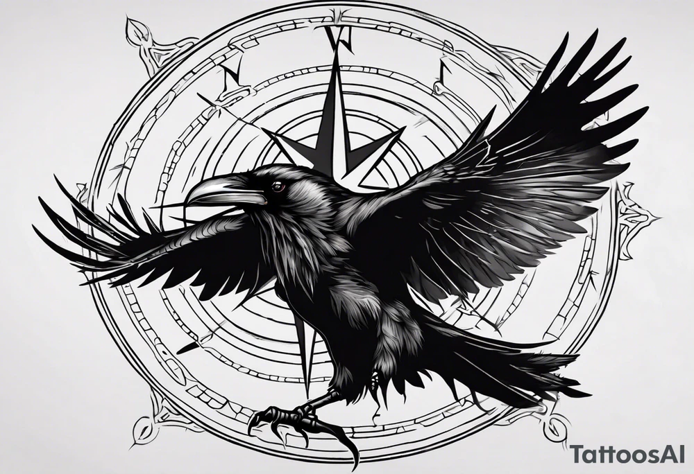 black raven with flying forward with a viking compass in the background tattoo idea