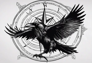 black raven with flying forward with a viking compass in the background tattoo idea