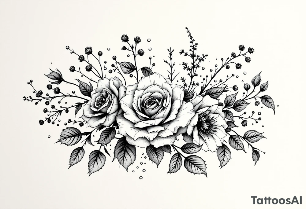 vintage bouquet of wild roses and meadow flowers with morning dew tattoo idea