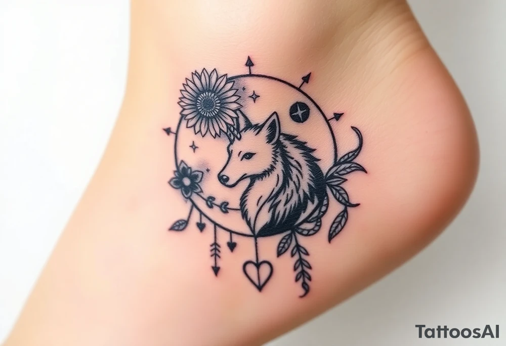 Cresent moon
 with sunflower, wolf, Harry potter, star wars, unicorn, fire heart all in one tattoo idea
