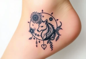 Cresent moon
 with sunflower, wolf, Harry potter, star wars, unicorn, fire heart all in one tattoo idea