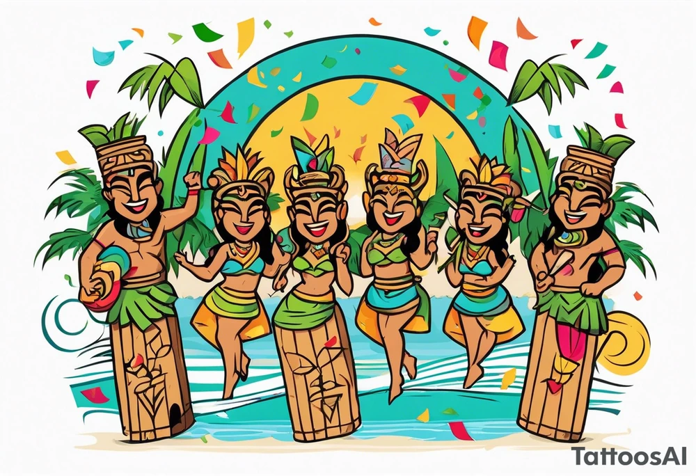 hulu tiki party with dancing tiki guys and sexy tiki girls on a beach with music notes and confetti around a blank space in the middle tattoo idea