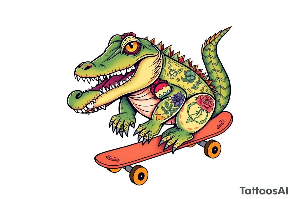 crocodile riding a skateboard with piercings and tattoos tattoo idea