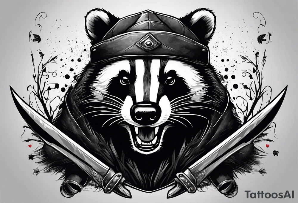 Draw me hunting badger with aggressive full body, killer face with a smile, very long nails and he attacks like a Turkish gladiator to enemy and also he has very deadly looking. The only weapon is his braveness he fights with his nails. Everybody scares after their first sight. And some horror type Badger this is real Hunter. tattoo idea