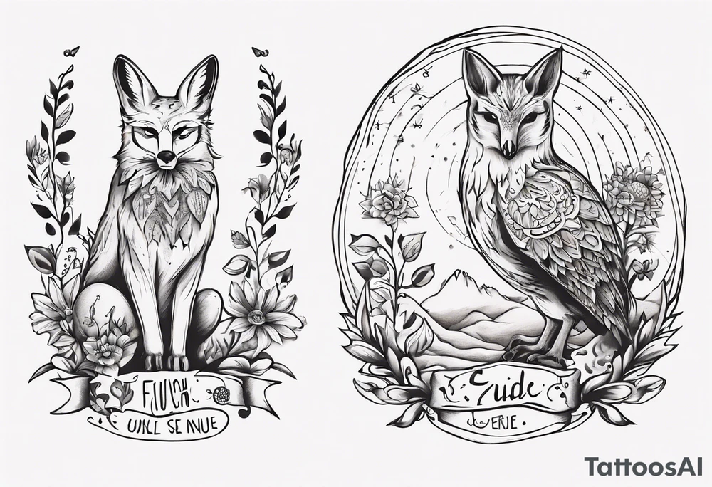 Fuchs und Eule unter der Sonne mit dem Schriftzug Sapere Aude tattoo idea