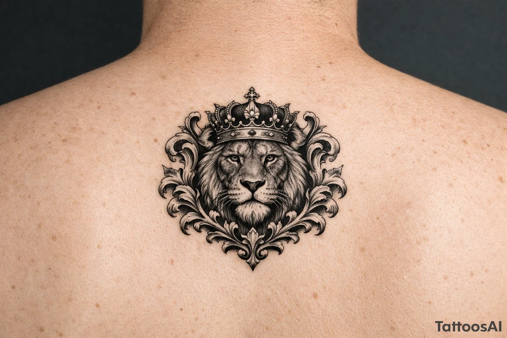 powerful majestic lion with a crown, framed by ornate floral scrollwork tattoo idea