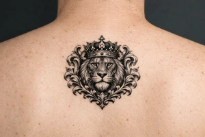 powerful majestic lion with a crown, framed by ornate floral scrollwork tattoo idea
