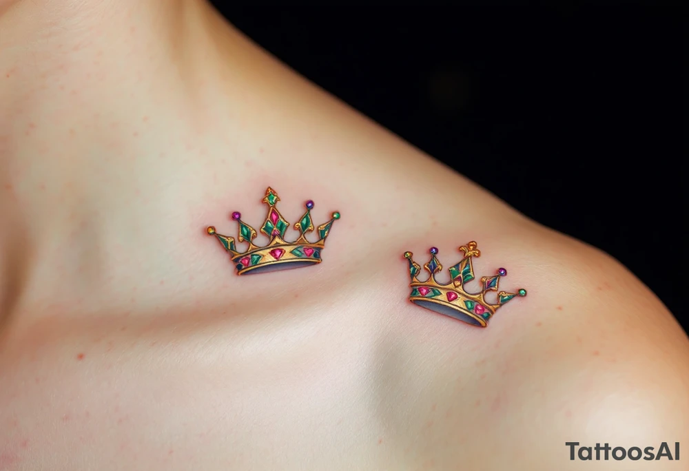Gold-inked royal crowns with tiny emerald and ruby details, placed above matching initials. tattoo idea