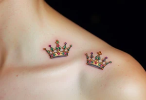 Gold-inked royal crowns with tiny emerald and ruby details, placed above matching initials. tattoo idea