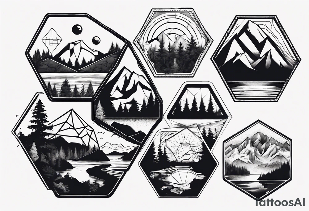 Several connected hexagons with various landscapes inside including mountain , sun, coniferous forest and lake tattoo idea