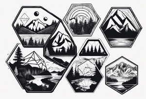 Several connected hexagons with various landscapes inside including mountain , sun, coniferous forest and lake tattoo idea