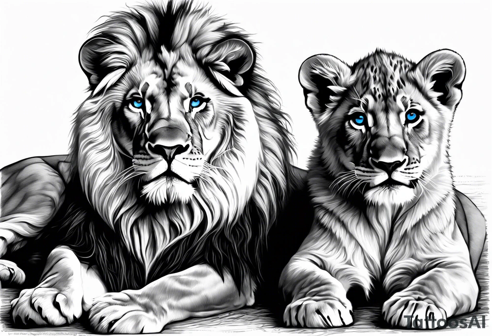 Male father lion with blue eyes. Two male cub lions one with blue eyes and the other brown. Father lion protecting cub lions. tattoo idea
