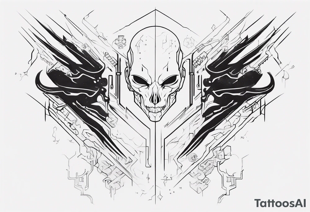 minimalist cyberpunk upper arm design from the shoulder that depicts heaven and hell with neuron projecting downwards. tattoo idea
