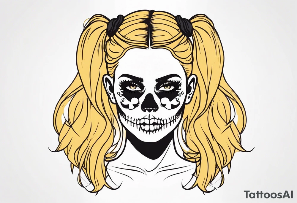 feminine skull and cross bones with hair in two blonde pigtails tattoo idea