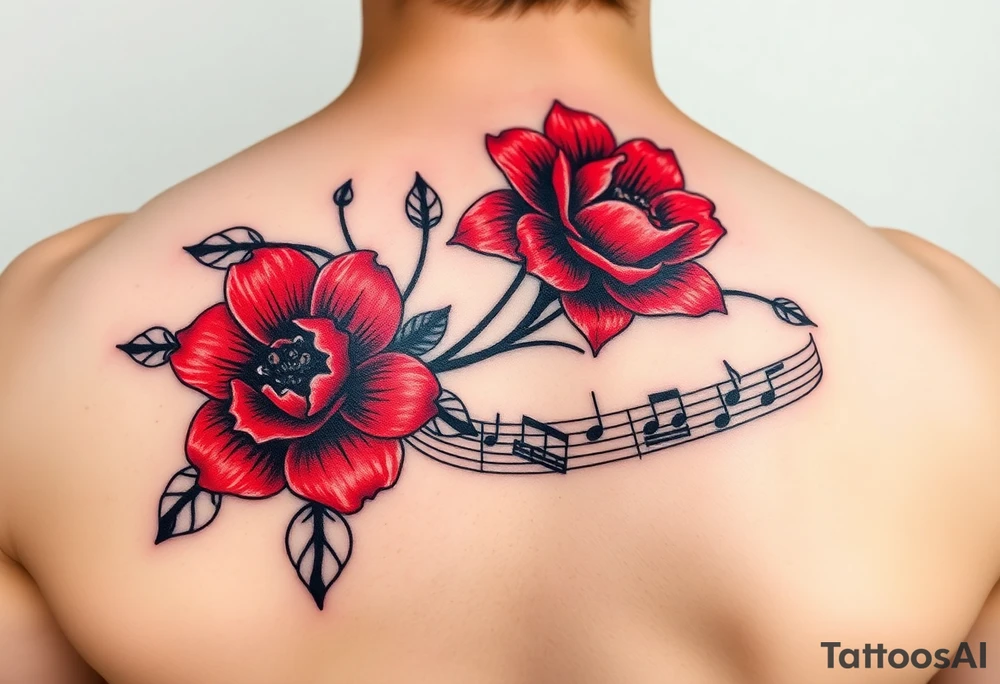 Red flowers with black music notes tattoo idea